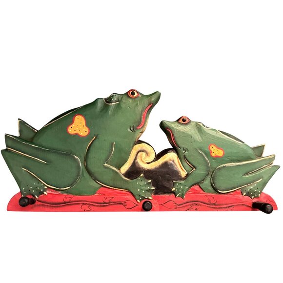 Vintage Pier 1 Handpainted Indonesia Wooden Frog 3 Peg Hook Wall Organizer - Picture 1 of 12